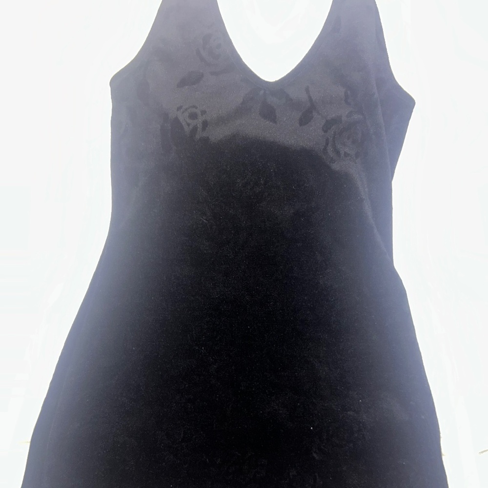 Vintage Black Velvet Halter Mini Dress – Rose Pattern